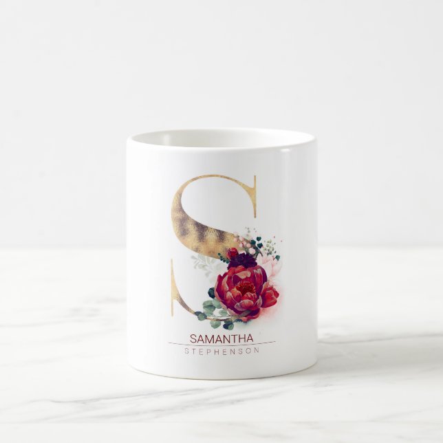Guld Glitter s Monogram Blommigt Burgundy Red Kaffemugg (Center)
