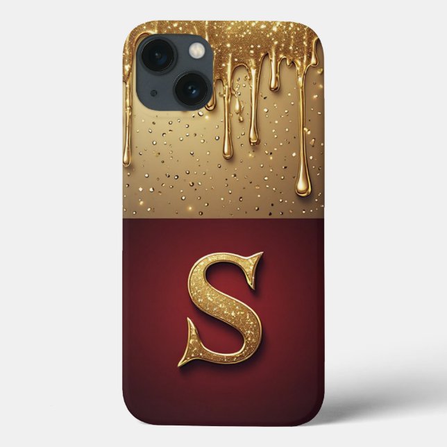 💎 Guld Glitter S Monogram Med Droppande Anpassad (Baksida)