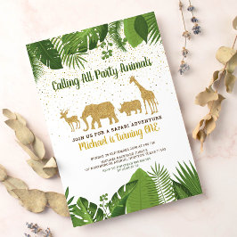 Guld Glitter Safari Animal Birthday Inbjudningar