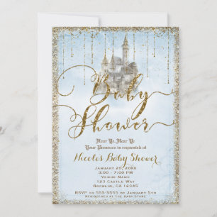 Guld Glitter Sago Slott Blå Baby Shower Inbjudningar
