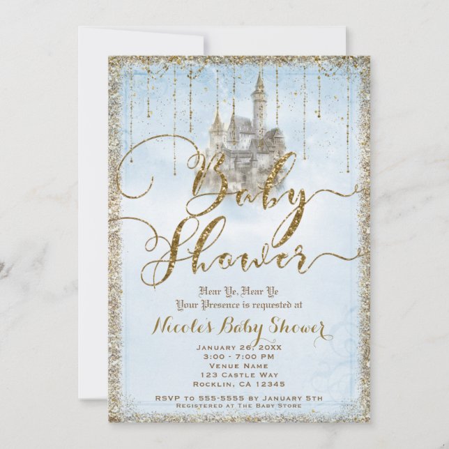 Guld Glitter Sagobok Slott Blå Bebis Bebisfest  Inbjudningar (Framsida)