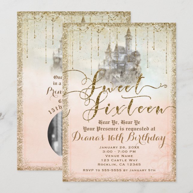 Guld Glitter Sagobok Slott Sweet 16 Foto Fest Inbjudningar (Fram/baksida)