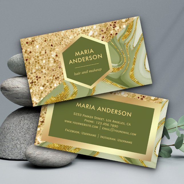 Guld Glitter Sälggrön Marmor Sminkartist Visitkort (Skapare uppladdad)