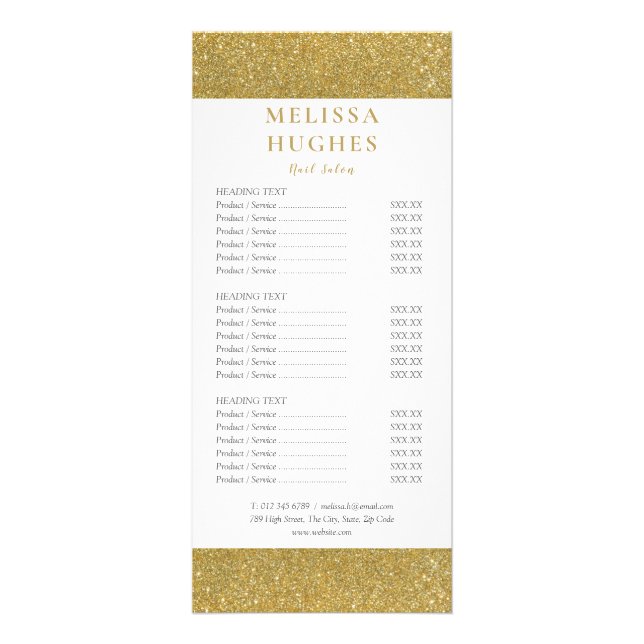 Guld Glitter Salongtjänstmeny Reklamkort (Framsidan)