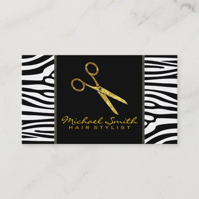 Guld Glitter-sax Hair Stylist Modern Zebra Visitkort (Framsida)