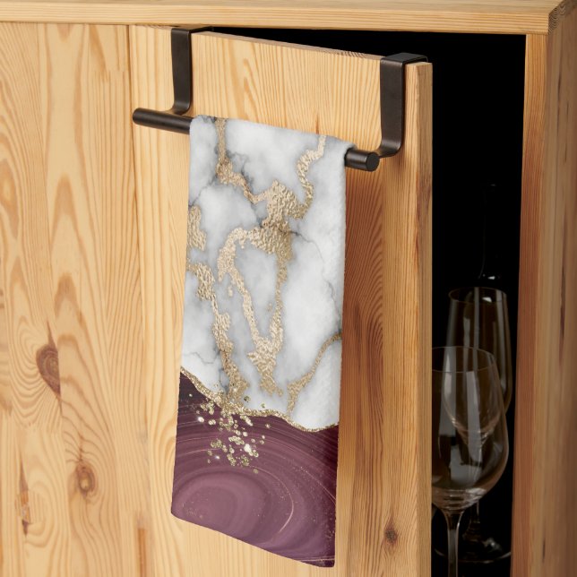 Guld Glitter Shiny White Marble Burgundy Kökshandduk (Thirds Fold)