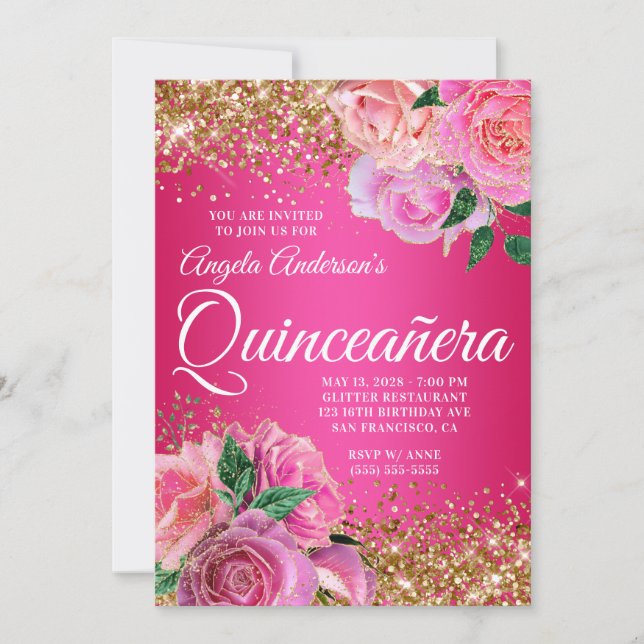 Guld Glitter Shock rosa Blommigt Glam Quinceañera Inbjudningar (Framsida)