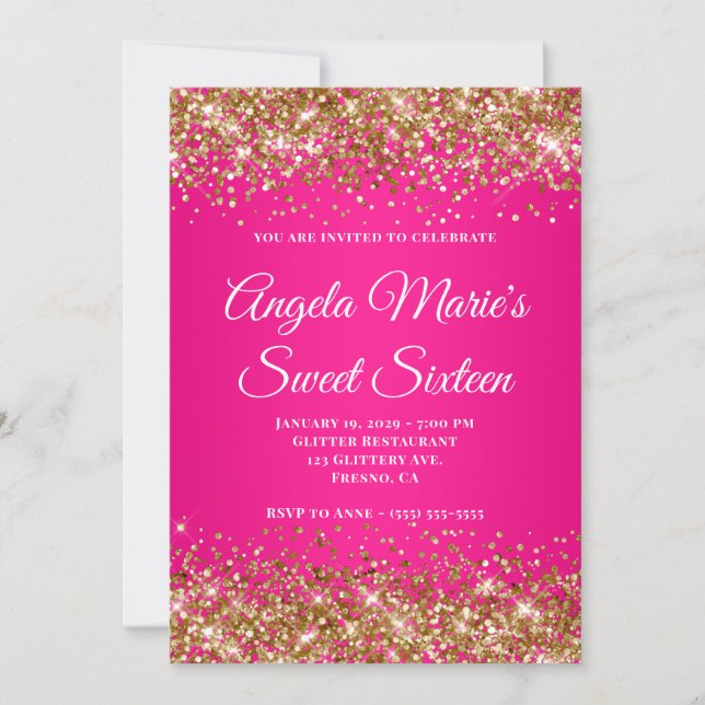 Guld Glitter Shock rosa Finare Monogram Sweet sixt Inbjudningar (Framsida)