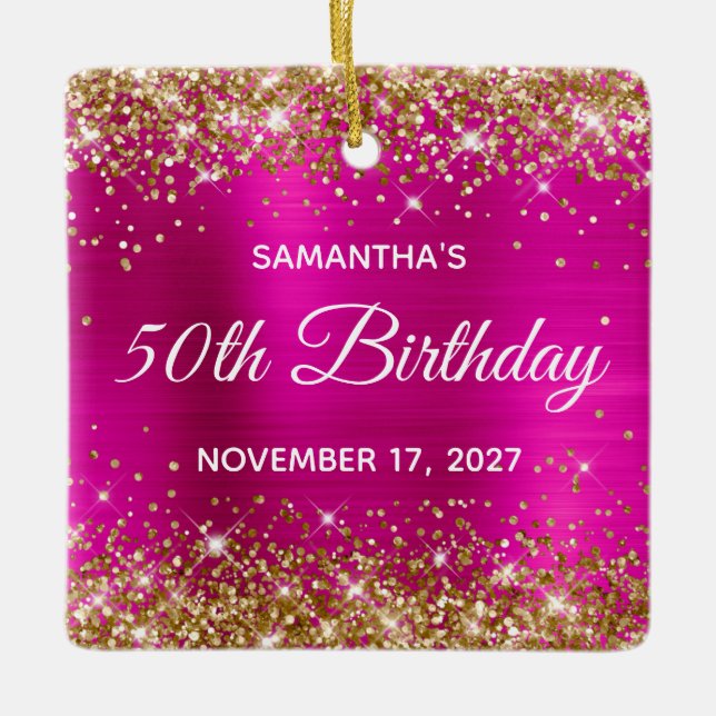 Guld Glitter Shock rosa Foil 50:e födelsedagen Julgransprydnad Keramik (Framsida)