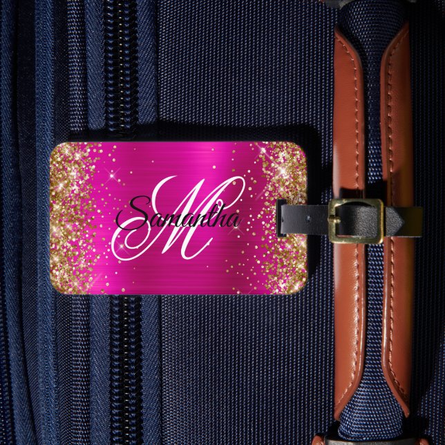 Guld Glitter Shock rosa Foil Finare Monogram Bagagebricka (Framsida Insitu 4)