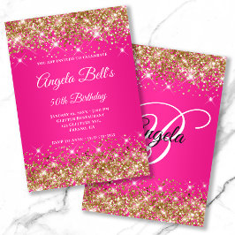 Guld Glitter Shock rosa Ombre Finare Monogram Inbjudningar