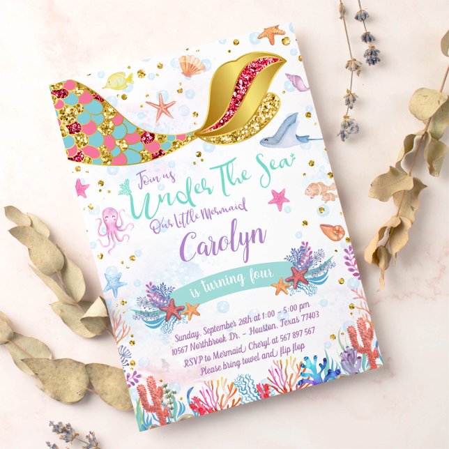 Guld Glitter | Sjöjungfru under Havsdagen Inbjudningar (Skapare uppladdad)