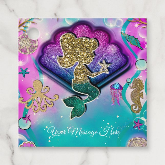 Guld Glitter Sjöjungfru: Uppfödningsdag för stjärt Gåvor Etiketter (Framsida)