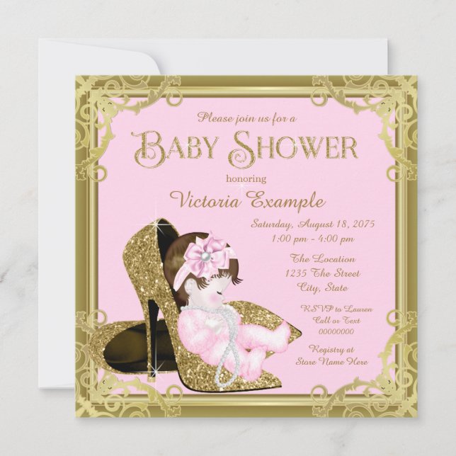 Guld Glitter Skor Rosa och Guld Baby Shower Inbjudningar (Framsida)
