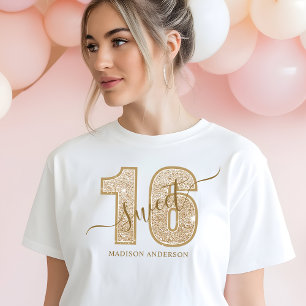 Guld Glitter Skrift Sweet 16 Födelsedag T Shirt