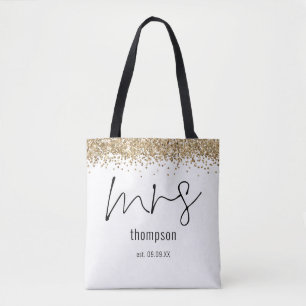 Guld Glitter skript fru Namn Date Bride Tygkasse