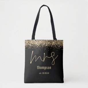 Guld Glitter skript, Namn Date Bride Black Tygkasse