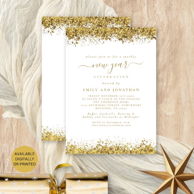 Guld Glitter, skript Vit Nyårsafton Party Inbjudningar (Front and back view. Available digitally or printed.)