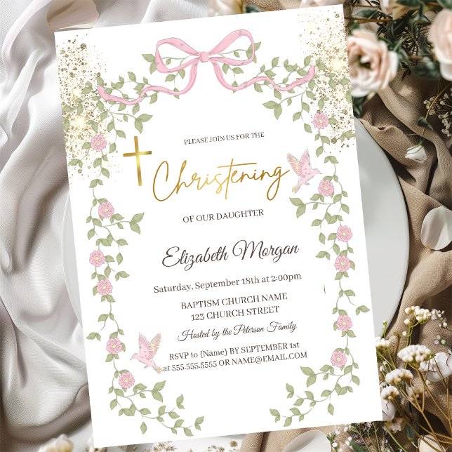 Guld Glitter Slinga Vilda blommor Guld Kors Dop Inbjudningar (Skapare uppladdad)