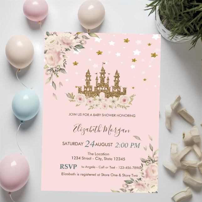 Guld Glitter Slott,Blommor,Stjärnor Baby Shower Inbjudningar (Skapare uppladdad)