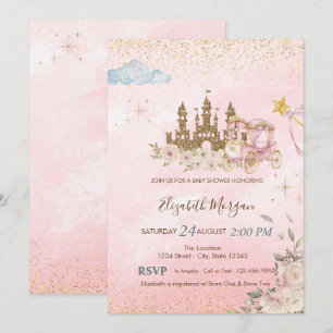 Guld Glitter Slott, BlommorKarusell Baby Shower Inbjudningar