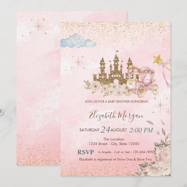 Guld Glitter Slott, BlommorKarusell Baby Shower  Inbjudningar (Fram/baksida)