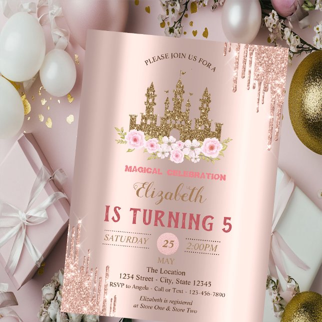 Guld Glitter Slott,Roséguld Drips Födelsedag  Inbjudningar (Skapare uppladdad)