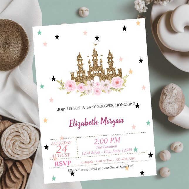 Guld Glitter Slott, Stjärnor, Prinsessa  Barnkalas Inbjudningar (Skapare uppladdad)
