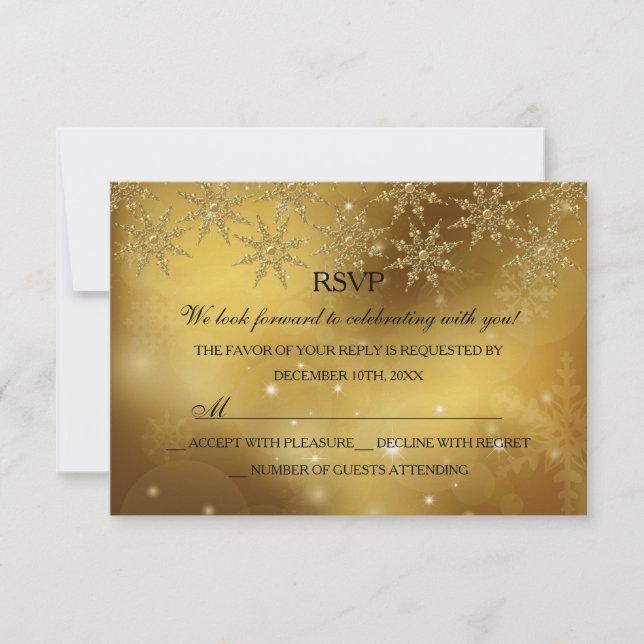 Guld Glitter Snöflinga Jul Högtid RSVP OSA Kort (Framsida)