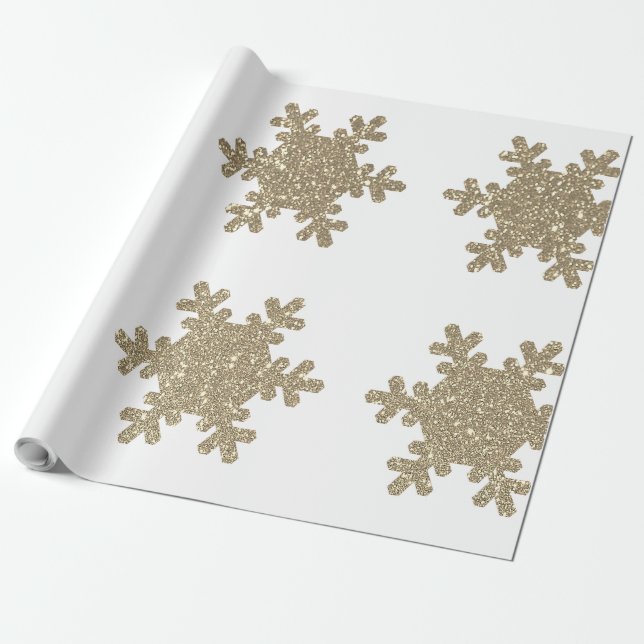Guld Glitter Snöflinga Mönster Vitt Jul Presentpapper (Utrullad)