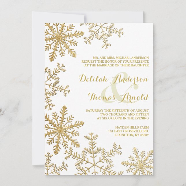 Guld Glitter Snöflingor Elegant Winter Wedding Inbjudningar (Framsida)
