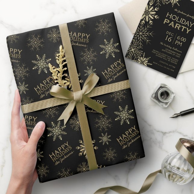 Guld Glitter Snöflingor Glad helg Namn Svarta Presentpapper (Skapare uppladdad)
