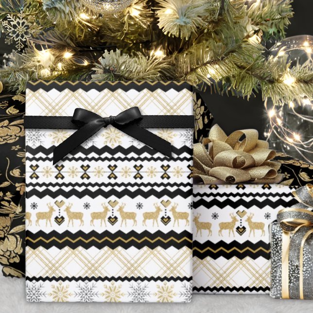 Guld Glitter Snöflingor Svartvit nordlig Mönster Presentpapper (Skapare uppladdad)