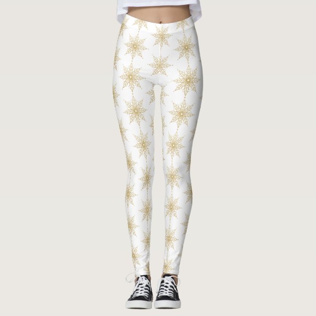 Guld Glitter Snowflake Helgdag Leggings (Framsida)