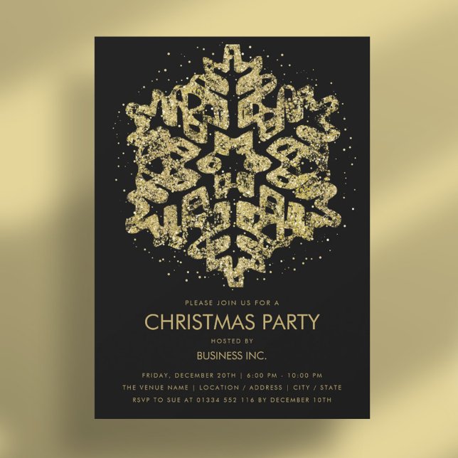 Guld Glitter Snowflake-julen Party Black Inbjudningar (Gold Glitter Snowflake Christmas Party Black Invitation)