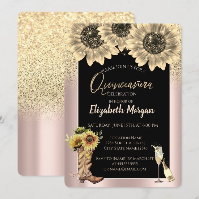 Guld Glitter Solrosor,  Rose Guld Quinceanera Inbjudningar (Fram/baksida)