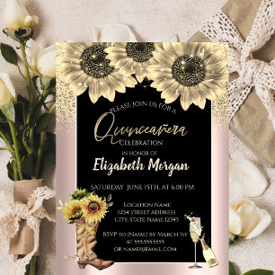 Guld Glitter Solrosor, Rose Guld Quinceanera Inbjudningar