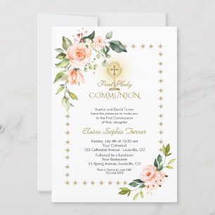 Guld Glitter Sparkles Coral Flowers Heliga Communi Inbjudningar