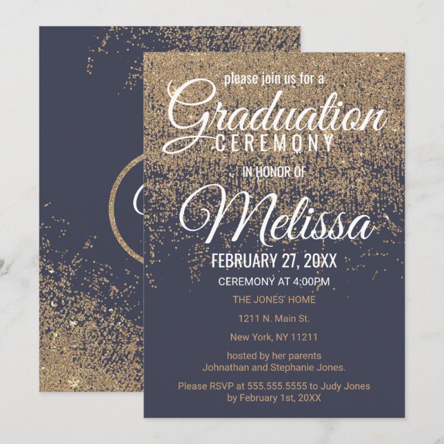 Guld- glitter Sparkles den marinblåa studenten Inbjudningar (Fram/baksida)