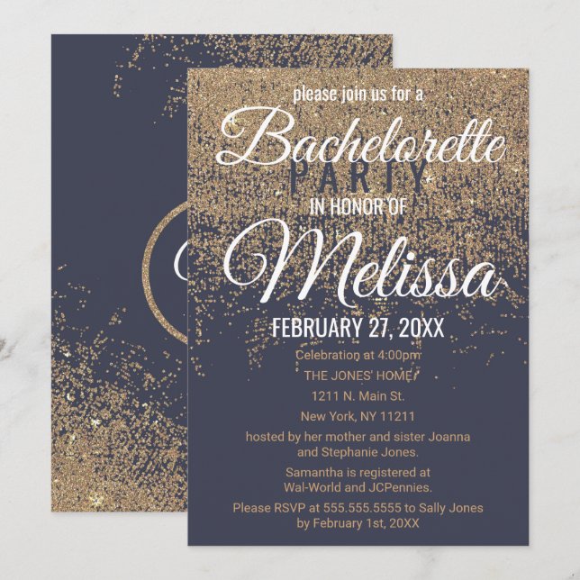Guld Glitter Sparkles marinblå Bachelorette Inbjudningar (Fram/baksida)