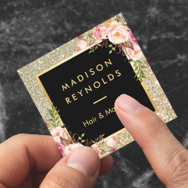 Guld Glitter Sparkles Rosa Blommigt  Beauty Salon Fyrkantigt Visitkort