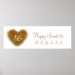 Guld Glitter Spill Sweet 16 Heart Party banderoll Poster