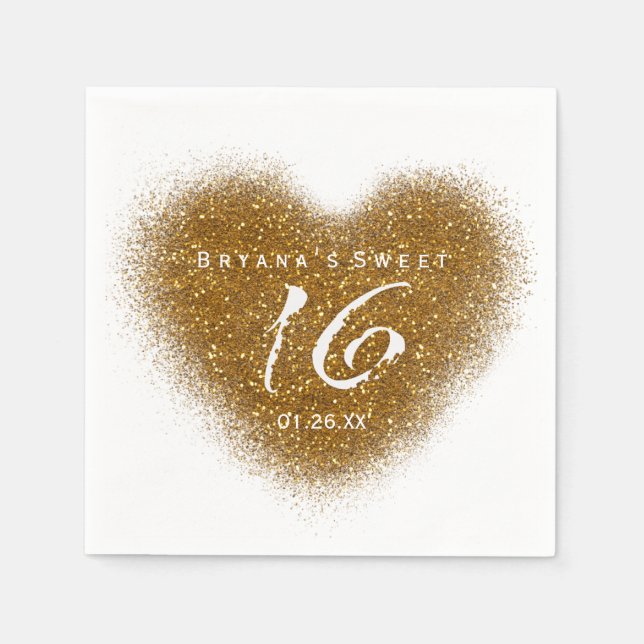 Guld Glitter Spill Sweet 16 Heart Party Napkins Pappersservett (Framsidan)