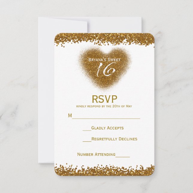 Guld Glitter Spill Sweet 16 Hjärtan RSVP-kort OSA Kort (Framsida)