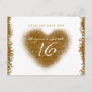 Guld Glitter Spill Sweet 16 Hjärtan Spara Datum Meddelande Vykort