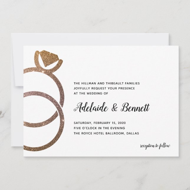 Guld Glitter Staplad Ringar Modern Bröllop Inbjudningar (Framsida)