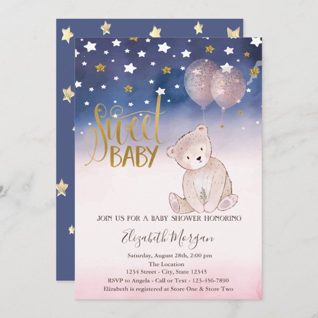 Guld Glitter Star,Nalle Bubblor Baby Shower Inbjudningar (Fram/baksida)