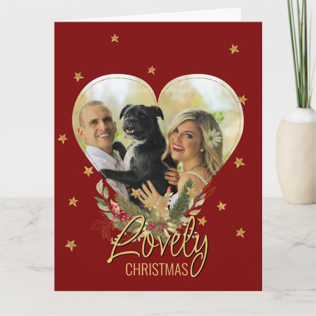 Guld Glitter Star Photo Heart Uppfriskande jul Red Kort (Framsida)