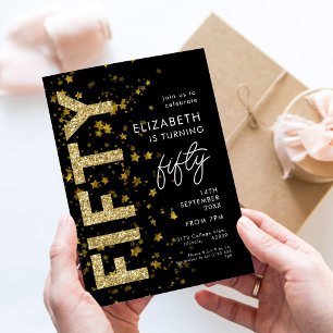 Guld Glitter Stars Black Femtio Födelsedagsfest Inbjudningar
