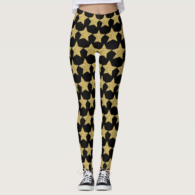 Guld Glitter Stars Black Leggings (Framsida)
